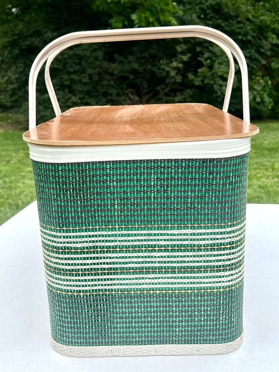 Green Picnic Basket Woven Wood Flip Top Handled Plate… Gem