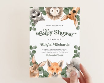 Editable Woodland Baby Shower Invitation, Forest Greenery Animals, Editable Template Instant Download