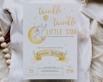 Twinkle Twinkle Little Star Elephant Baby Shower Invitation, Gender Neutral Baby Shower, Little Star Baby Shower, Elephant Baby Shower