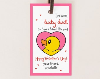 Editable Lucky Duck Valentine's Day Tag Rubber Duck Preschool Card Kids School Valentine Tag Digital Printable Canva