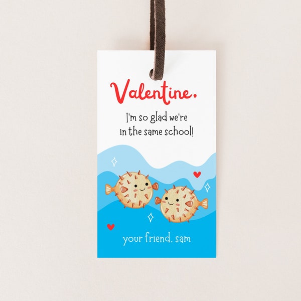 Editable Blowfish Valentine's Day Tag Glad We're In The Same School Preschool Card Kids School Valentine Tag Digital Printable Canva