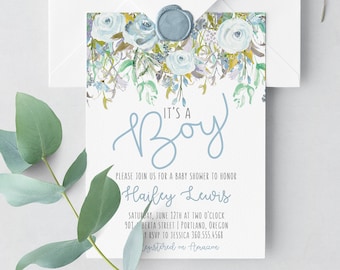 Whimsical Boy Baby Shower Invitation, boy baby shower invite, baby shower, floral baby shower, watercolor baby shower invitation