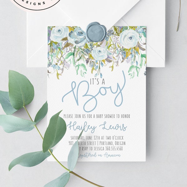 Whimsical Boy Baby Shower Invitation, boy baby shower invite, baby shower, floral baby shower, watercolor baby shower invitation