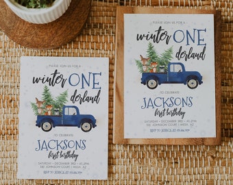 Winter ONEderland Birthday Invitation, Boys First birthday invitation, Little Blue Truck Woodland Animals Party