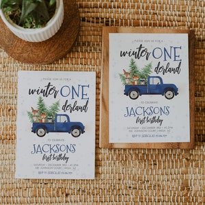 Winter ONEderland Birthday Invitation, Boys First birthday invitation, Little Blue Truck Woodland Animals Party