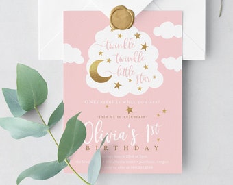 Twinkle Twinkle Little Star First Birthday Invitation template, first birthday invite, Pink and Gold Little Star Birthday Invite, 15572