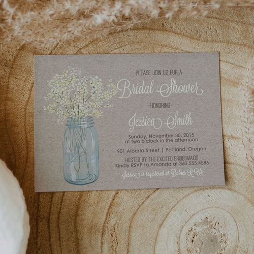 Rustic Bridal Shower Invitation Printable Babys Breath Invite - Etsy