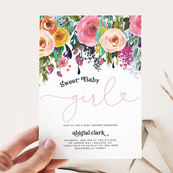 Whimsical Girl Baby Shower Invitation template, girl baby shower invite, baby shower, floral baby shower, watercolor baby shower invitation