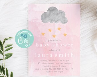 Girl Baby Shower Invite template, Cloud BABY SHOWER Invitation, Digital Download, invite, baby sprinkle, cloud and stars, Editable Template