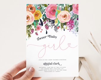 Whimsical Girl Baby Shower Invitation template, girl baby shower invite, baby shower, floral baby shower, watercolor baby shower invitation