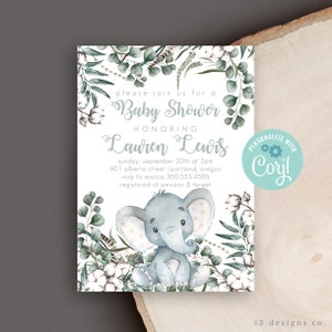 Elephant Baby Shower Invitation template, Gender Neutral Baby Shower Invite, Boy Baby Shower Invitation, Instant Template, baby elephant image 1