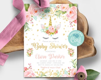 Unicorn Baby Shower Invitation template, girl baby shower invitation, girl baby shower invite, blush pink & gold glitter invite, DIY