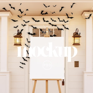 18x24 Outdoor Welcome Sign Mockup, Farmhouse Bat Easel Sign Mockup Autumn Seating Chart Mockup Event Sign Mockup PSD Halloween Poster Mockup