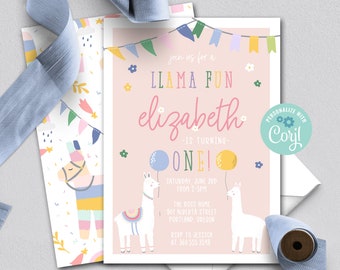 Llama Birthday Invitation template, First Birthday Invitation, llama fun Birthday Invite, Instant Template Girl Birthday Invitation, 9106