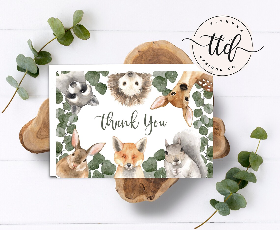 Woodland Animals Thank You Card Instant Thank You Card | Etsy