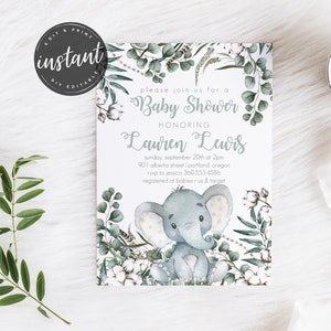 Elephant Baby Shower Invitation template, Gender Neutral Baby Shower Invite, Boy Baby Shower Invitation, Instant Template, baby elephant image 3