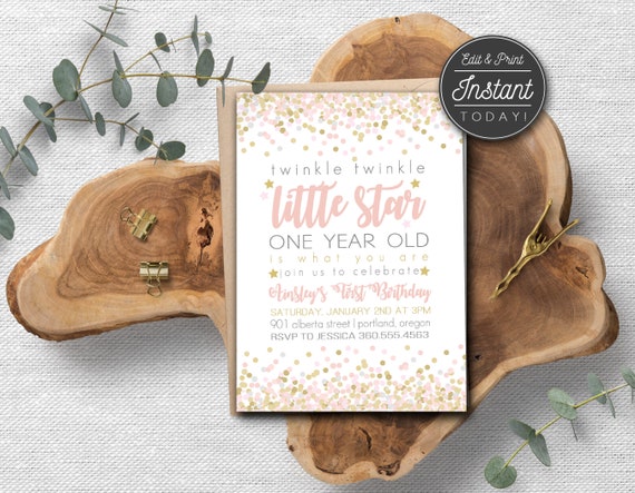 Digital Download Twinkle Twinkle Little Star First Birthday Invitation, girl first birthday invitation, Pink and Gold Invitation, #15052