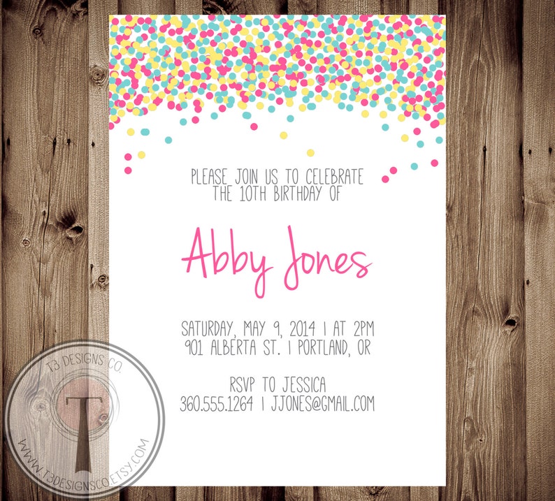 Confetti Birthday Invitation Bright Birthday Invite Girls Etsy