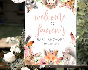 Editable Woodland Welcome Sign, Woodland Baby Shower Welcome Sign, Baby Shower Sign Template, Editable Baby Shower Sign, instant sign, 15307