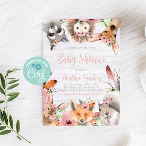 Rustic Boho Woodland Baby Shower Invitation - 5x7 Editable File (CORJL), Send digitally or 15307