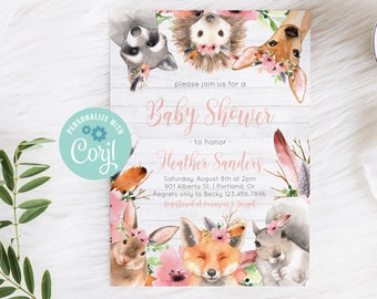 Woodland Baby Shower Invitation Template, Woodland Animals invite, Baby Shower Invite, Girl Baby Shower, Printable Invitation 15307