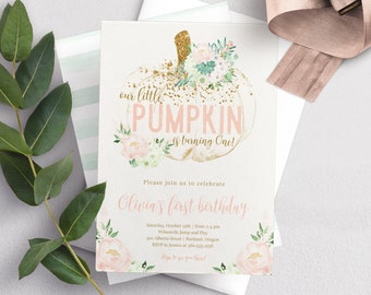 Pumpkin Birthday Invitation Template, Little Pumpkin Invitation, First Birthday Invitation, Fall Birthday Invitation, Girl Birthday Invite