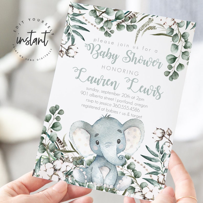 Elephant Baby Shower Invitation template, Gender Neutral Baby Shower Invite, Boy Baby Shower Invitation, Instant Template, baby elephant image 2