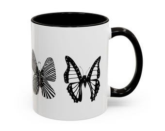 Kubek z ilustracją motyla | Czarno-biały kubek do kawy z motywem natury (ceramiczny)