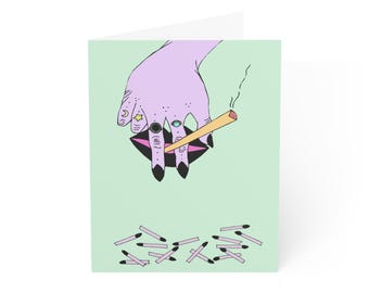 Płonąca jasna kartka z życzeniami | Surrealistyczna ilustracja palącej dłoni | Dziwna i cudowna kartka artystyczna