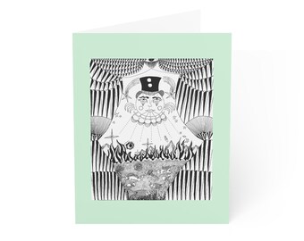 Surrealistyczna kartka z cyrkiem w kolorze miętowym | Fantazyjna czarno-biała ilustracja autorstwa Amy Romp