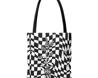 Torba typu tote z falistą szachownicą | Torba z surrealistycznym motywem botanicznym | Czarno-biała ilustracja optyczna