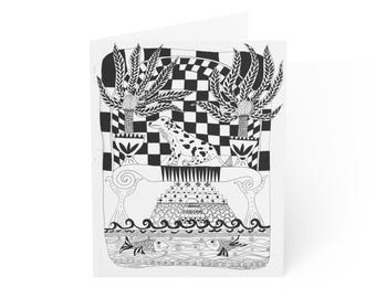 Kartka z pozdrowieniami z psem świątynnym | Surrealistyczna sztuka ludowa, ilustracja dalmatyńczyka niebiańskiego (puste miejsce w środku)