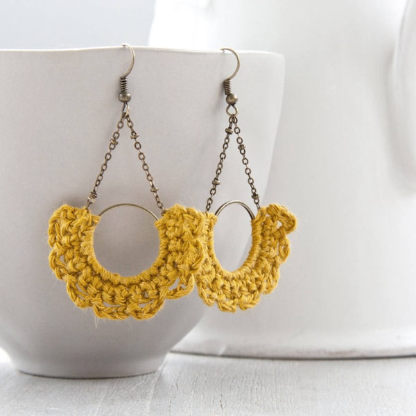 Earrings | crocheted | ocher yellow linen