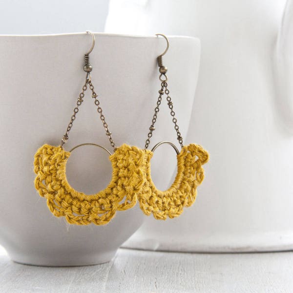 Earrings | crocheted | ocher yellow linen