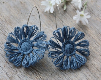 Natural linen Earrings | Flower | blue | handmade | nickel free