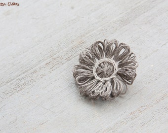 Linen brooch - flower - decoflor - natural fiber - ash grey