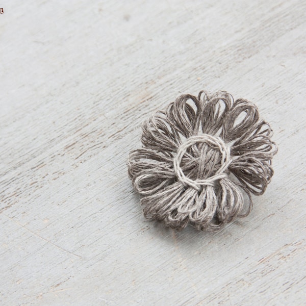 Linen brooch - flower - decoflor - natural fiber - ash grey