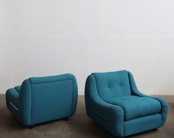 1970s italian tubular lounge chairs in blue bouclé, pair — LA pickup only