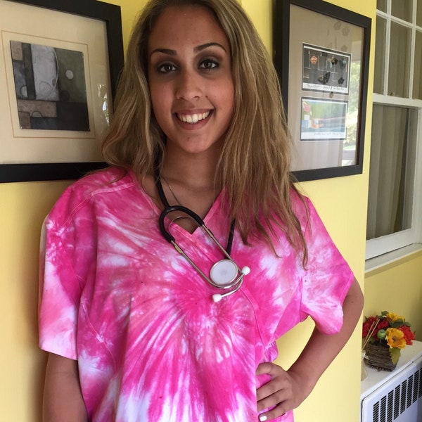 Nurse's scrub top, tie dye scrub top, tye dye scrub, nurse gift, nurse shirts, last minute gift nurse, breast cancer awareness shirt