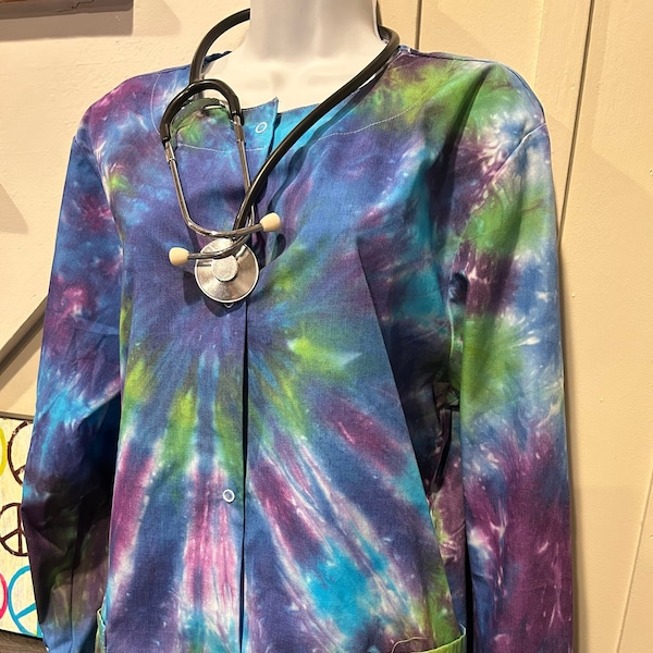 Nurse clothing, tie dye nurse's scrub top, tie dye jacket, nurses jacket, hand dyed scrub jacket, medical jacket, hippie clothes