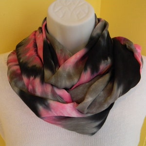 Tye dye scarf, Hand dyed infinity scarf, Rayon scarf, Black, hot pink and gray scarf, Tie dye scarf, circle scarf image 3