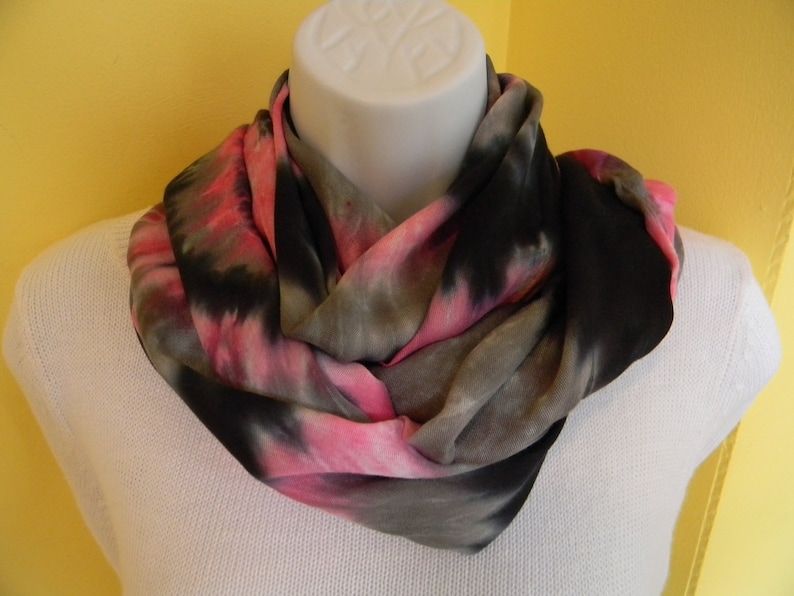 Tye dye scarf, Hand dyed infinity scarf, Rayon scarf, Black, hot pink and gray scarf, Tie dye scarf, circle scarf image 3