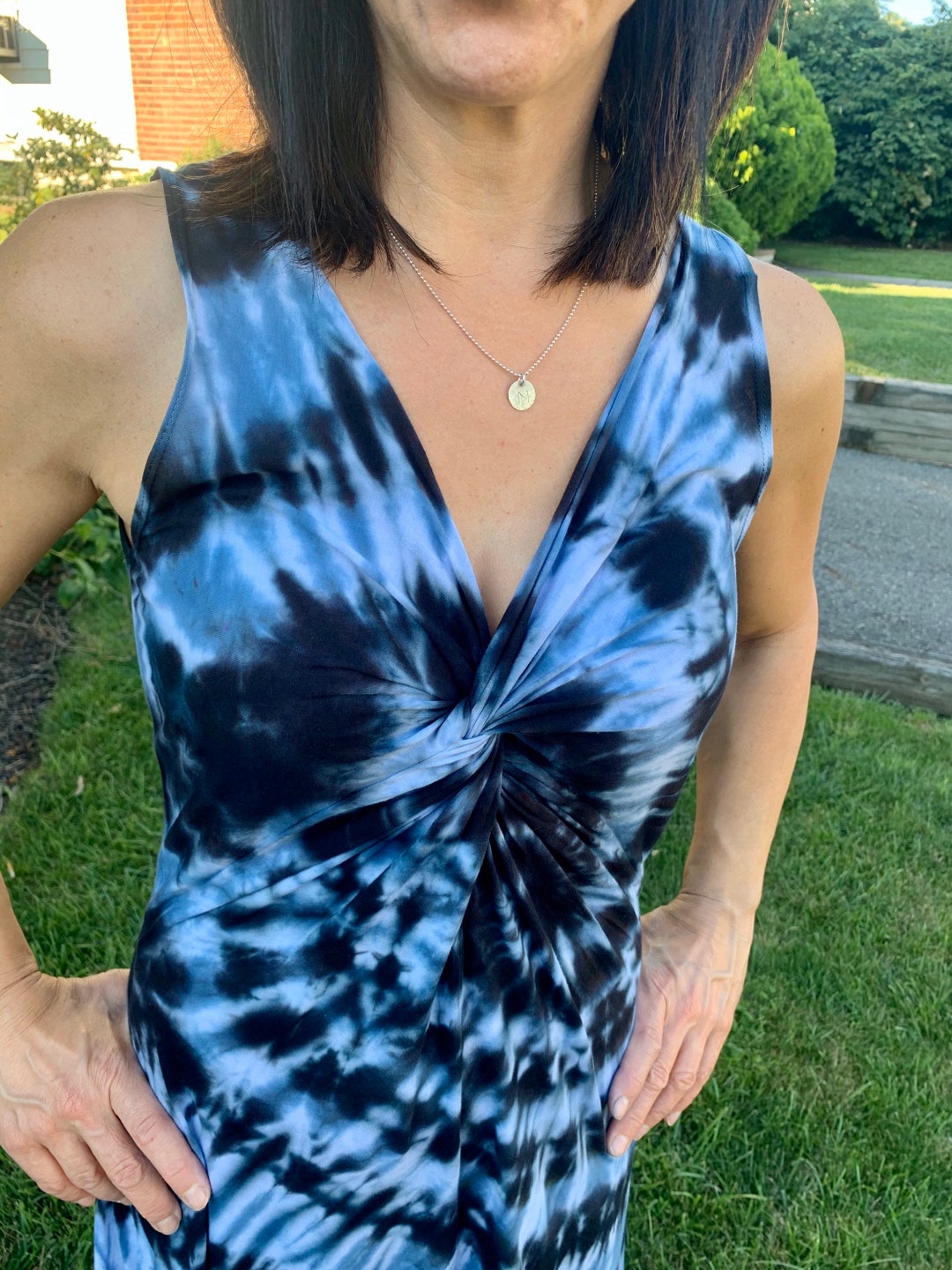 Women Summer Artsy Tie Dye Stand Collar Ramie Dress