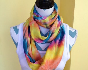 Tye dye scarf, hand dyed rayon infinity scarf, tie dyed rayon infinity scarf, circle scarf, yellow, pink, peach and blue infinity scarf
