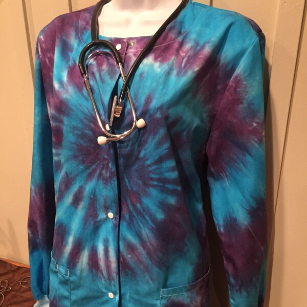 Nurse clothing, tie dye nurse's scrub top, tie dye jacket, nurses jacket, hand dyed scrub jacket, medical jacket, hippie clothes