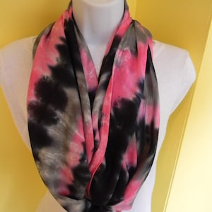 Tye dye scarf, Hand dyed infinity scarf, Rayon scarf, Black, hot pink and gray scarf, Tie dye scarf, circle scarf image 1