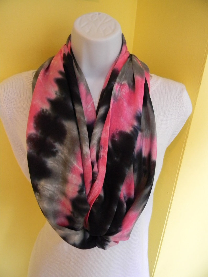 Tye dye scarf, Hand dyed infinity scarf, Rayon scarf, Black, hot pink and gray scarf, Tie dye scarf, circle scarf image 1