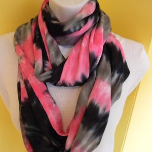 Tye dye scarf, Hand dyed infinity scarf, Rayon scarf, Black, hot pink and gray scarf, Tie dye scarf, circle scarf image 2