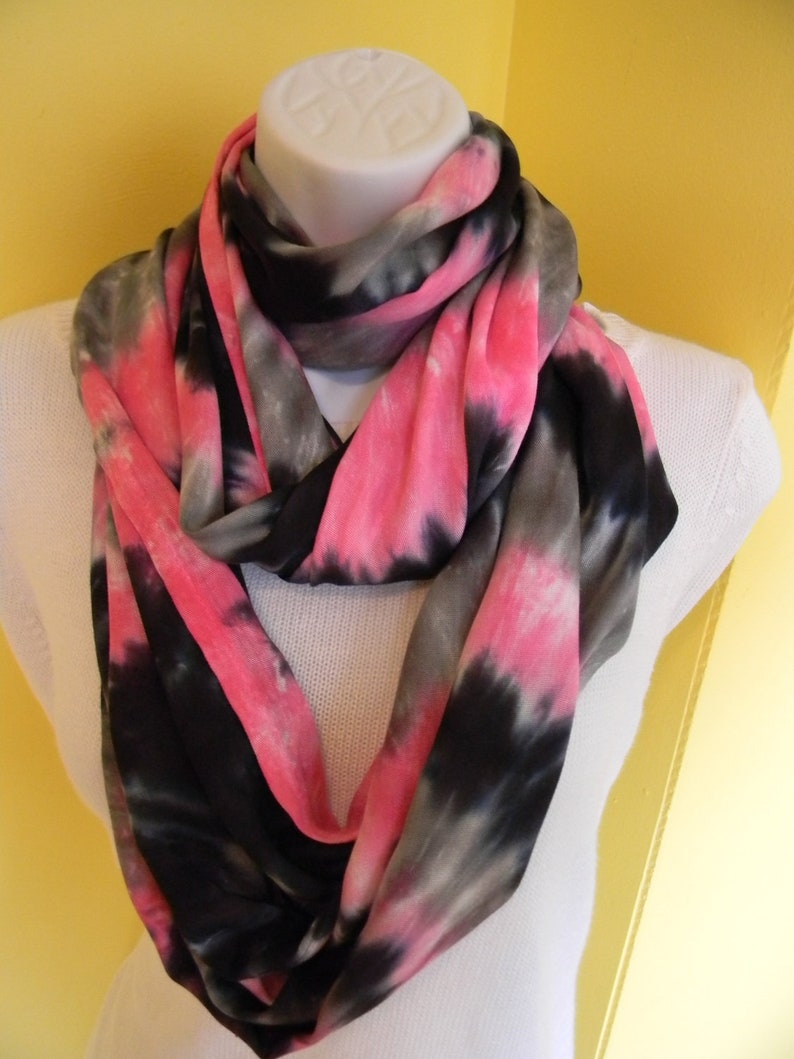 Tye dye scarf, Hand dyed infinity scarf, Rayon scarf, Black, hot pink and gray scarf, Tie dye scarf, circle scarf image 2