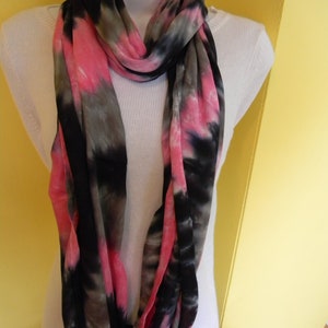 Tye dye scarf, Hand dyed infinity scarf, Rayon scarf, Black, hot pink and gray scarf, Tie dye scarf, circle scarf image 5